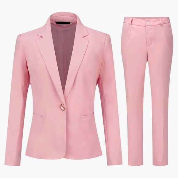 YUNCLOS Women's 2 Piece Office Work Suit Set One Button Blazer and Pants Pink XL - Picture 1 of 4